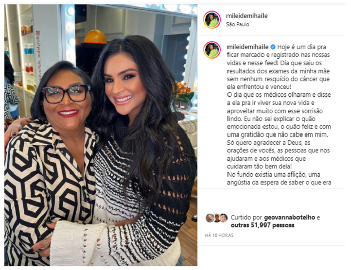 Mileide Mihaile celebra cura da mãe após luta contra o câncer Jetss