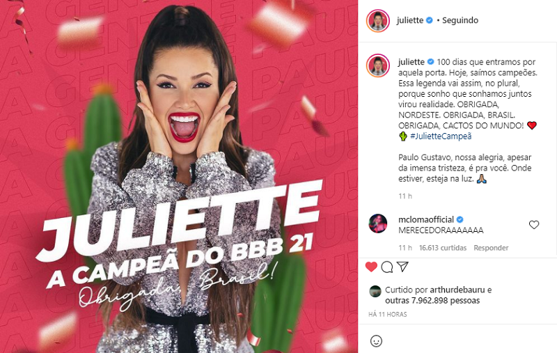 Qual foi a porcentagem da vitória de Juliette no BBB 21?