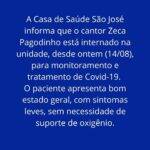 Mesmo com todos os cuidados, Zeca Pagodinho acabou sendo infectado pela covid-19, mas está com sintomas leves e internado apenas para ser melhor acompanhado pelos médicos, diz nota oficial. (Foto: Instagram)