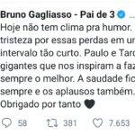 Bruno Gagliasso, usou sua conta no Twitter, para expressar a saudades: “Hoje não tem clima pra humor. Só a tristeza por essas perdas em um intervalo tão curto. Paulo e Tarcísio são gigantes que nos inspiram a fazer sempre o melhor. A saudade ficará para sempre e os aplauso também. Obrigada por tanto”, publicou (Foto: Twitter)