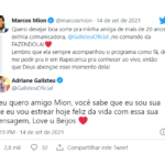 “Quero desejar boa sorte pra minha amiga de mais de 20 anos, exímia comunicadora, Adriane Galisteu, no comando da Fazendola!”, afirmou Marcos Mion. (Foto: Twitter)