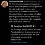 Tô financiando uma pesquisa pra um motor adaptado pra motorizar qualquer tipo de cadeira de rodas, e um dispositivo que deixa uma mancha fluorescente nos buraco das estradas pra ninguém se acidentar à noite, já que não tapam os buracos. Não vou gastar nada com time, só torcer, respondeu Whindersson no Twitter. (Foto: Twitter)