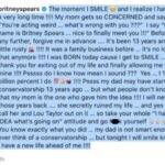 Na legenda, Spears foi direta e falou sobre tudo o que sente sobre o posicionamento da mãe nestes últimos 13 anos: "No momento em que sorrio e percebo que não faço isso há muito tempo!! Minha mãe fica tão preocupada e diz 'Você está agindo estranho... O que há de errado com você?'. Eu digo 'Oi, meu nome é Britney Spears ... prazer em finalmente conhecê-la!'", escreveu a artista logo a princípio, falando sobre o contato atual com Lynne Spears, sua mãe. (Foto: Instagram)