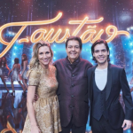 João Guilherme estreou como apresentador ao lado do pai e de Anne Lottermann no programa ‘Faustão na Band’. (Foto: Band)