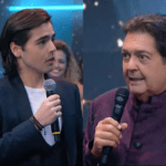 Após a pergunta, Fausto Silva brincou com a com a pergunta do filho e rebateu: "Quantos amigos seus são apaixonados pela Yasmin?". (Fotos: Divulgação/BandTV/Montagem)