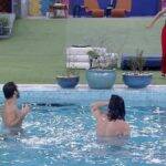 Já no final de sua estadia no BBB21, Gil divertiu o público ao pular sem roupas na piscina com Fiuk após uma "bitoca" no filho de Fábio Jr. (Foto: Divulgação/Globo)