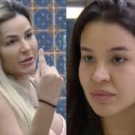 Tudo começou quando a ex-BBB indicou a viúva de MC Kevin como a pessoa que queria esquecer fora do confinamento. As duas então trocaram ofensas, até que a loira disparou: "Quem tem que falar é você, não falar o que os outros falaram. Quem tem que falar é você, cachorra. A vontade é fazer assim na cara", ameaçando um soco. (Foto: RecordTV)