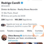 Porém, horas depois, o contratado da Record TV! surpreendeu a todos ao curtir uma publicação do jornalista Chico Barney, no Twitter. No post em questão, o comentarista pedia para que a advogada fosse eliminada do reality show rural. (Foto: Twitter)