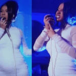 Durante uma apresentação no BET Awards 2021, a rapper exibiu sua barriga e confirmou que o segundo bebê estava chegando! (Fotos: YouTube/Montagem)