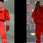 Não só para seu clipe, mas o rapper leva sua obsessão por Akira a sério e já foi apontado diversas vezes influência do anime e seus personagens em suas roupas e looks de shows, como o caso de seu traje todo vermelho no show oficial de DONDA. (Fotos: Divulgação/Montagem)