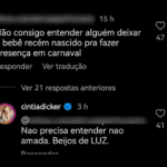 “Não precisa entender, não, amada. Beijos de luz", respondeu Cintia. (Foto: Instagram)