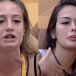 "E é sobre a semana que você vai [ao Paredão], porque na outra semana que ele foi com Fred e Domitila, ele não saiu", avaliou Larissa, enquanto estava plantada em frente ao Big Fone com Aline. (Foto: Montagem/Globoplay)