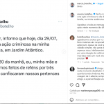 “Com muito pesar, informo que fui vítima de uma ação criminosa na minha própria residência, em Jardim Atlântico” (Foto: Instagram)