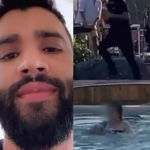 Em um vídeo que viralizou nas redes sociais, é possível ver a mulh3r batendo os braços desesperada dentro da piscina do Embaixador. Gusttavo Lima, por sua vez, ficou palco apenas observando a cena. (Fotos: Reprodução/Instagram/Montagem)