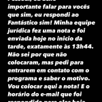 A atriz que não respondeu ao Fantástico segundo a Globo, garantiu que respondeu. Ela foi aos seus Stories, no Instagram, e colocou a nota por lá. (Foto: Instagram)