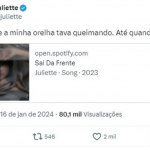 A paraibana publicou em seu Twitter "X": "Bem que a minha orelha estava queimando. Até quando?", questionou a ex-BBB21. Junto com a mensagem, a artista ainda publicou um link de uma de suas músicas. (Foto: Twitter "X")