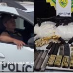 Ao todo, foram apreendidos: 30kg de cocaína, 2 revólveres, 1 fuzil , munição de diversos calibres, 20 carregadores de pistola, 3 carregadores caracóis, 1 bloqueador de sinais. (Foto: Instagram PMPR)