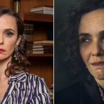 Débora Falabella interpretou uma personagem na série "Fim" e teve que passar por um processo de envelhecimento com maquiagem para fazer as várias fases da personagem. (Fotos: Reprodução/Montagem)