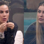 Yasmin e Wanessa conversavam sobre o assunto, quando a loira Brunet disse para a amiga: "Para de fazer isso, de contar coisa que não dá pra contar. Não tem como entender isso que você falou! Falou com quem, com espírito, com o além? Não entendi.". (Fotos: Reprodução/GloboPlay/Montagem)