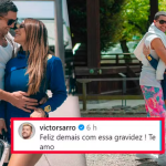 Um amigo dos famosos, Victor Sarro, disse: "Feliz demais com essa gravidez.". A ex de MC Guimê, então reagiu: "Aaaaaah seu biscoiteiro.", escreveu, aos risos. O amado da cantora também respondeu ao amigo e disse: "Não presta!!!". (Fotos: Instagram/Montagem)