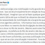 Tudo começou quando o prefeito do Rio de Janeiro, Eduardo Paes, foi ao X (antigo Twitter) avisar que não autoriza o show por uma questão simples. (Foto: X)