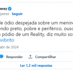 Ao falar sobre as mensagens de ódio que Davi vem recebendo, Gloria lamentou: "A corrente de ódio despejada sobre um menino de 21 anos, que sendo preto, pobre e periférico, ousou conquistar o pódio de um Reality, diz muito sobre o Brasil de hoje.", escreveu. (Foto: X)