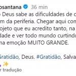 Só Deus sabe as dificuldades de quem vem da periferia. Chegar aqui com um projeto que eu acredito tanto, na minha cidade e ver todo mundo curtindo é de uma emoção MUITO GRANDE, legendou ele. (Foto: Reprodução/Instagram)