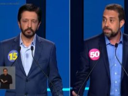 Já no primeiro bloco, Nunes questionou Boulos sobre segurança pública e drogas. Em resposta, o candidato do PSOL levantou questões envolvendo a máfia das creches e o recente apagão na cidade. (Foto: TV Record)