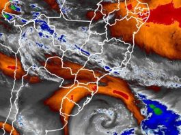 Quando a pressão diminui pelo menos 24 milibares (mbar) em 24 horas, o sistema é classificado como ciclone bomba, o que pode provocar ventos e chuvas intensas. (Foto: Climatempo)