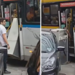 Um passageiro foi filmado tentando embarcar com uma geladeira em um ônibus lotado, na Freguesia, na Zona Oeste do Rio, na quarta-feira (18/12/2024). (Fotos: Reprodução/Redes Sociais/Montagem)