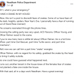 Pelas redes sociais, a polícia de Needham disse que um morador inquilino da casa, ciente do medo da mulher por serpentes, adquiriu uma réplica com o objetivo de assustá-la – e conseguiu! (Foto: Redes Sociais/Needham Police)