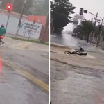 Um vídeo divulgado nas redes sociais mostra um motociclista que aparece sendo levado pela enxurrada ao tentar atravessar para o outro lado da avenida. (Foto: Reprodução)