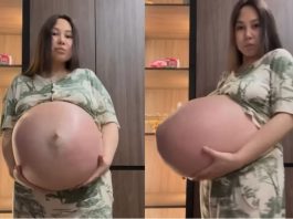 Nas imagens, a mulher apoia a barriga com as mãos enquanto posa para a câmera, alternando entre posições de frente e de lado, mostrando o barrigão de todos os ângulos. (Foto: Instagram)