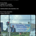 A vereadora Aava Santiago (PSDB) compartilhou, em suas redes sociais, a foto de um outdoor instalado na capital goiana. O painel viralizou nas redes sociais. (Foto: Reprodução/X)